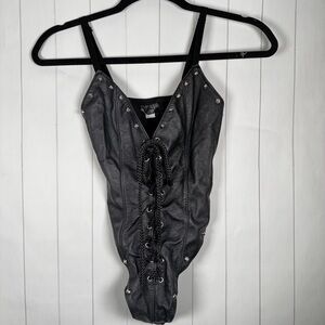 Elegant Moments Leather Studded Black Bodysuit Lace-up Sexy Lingerie Top Small